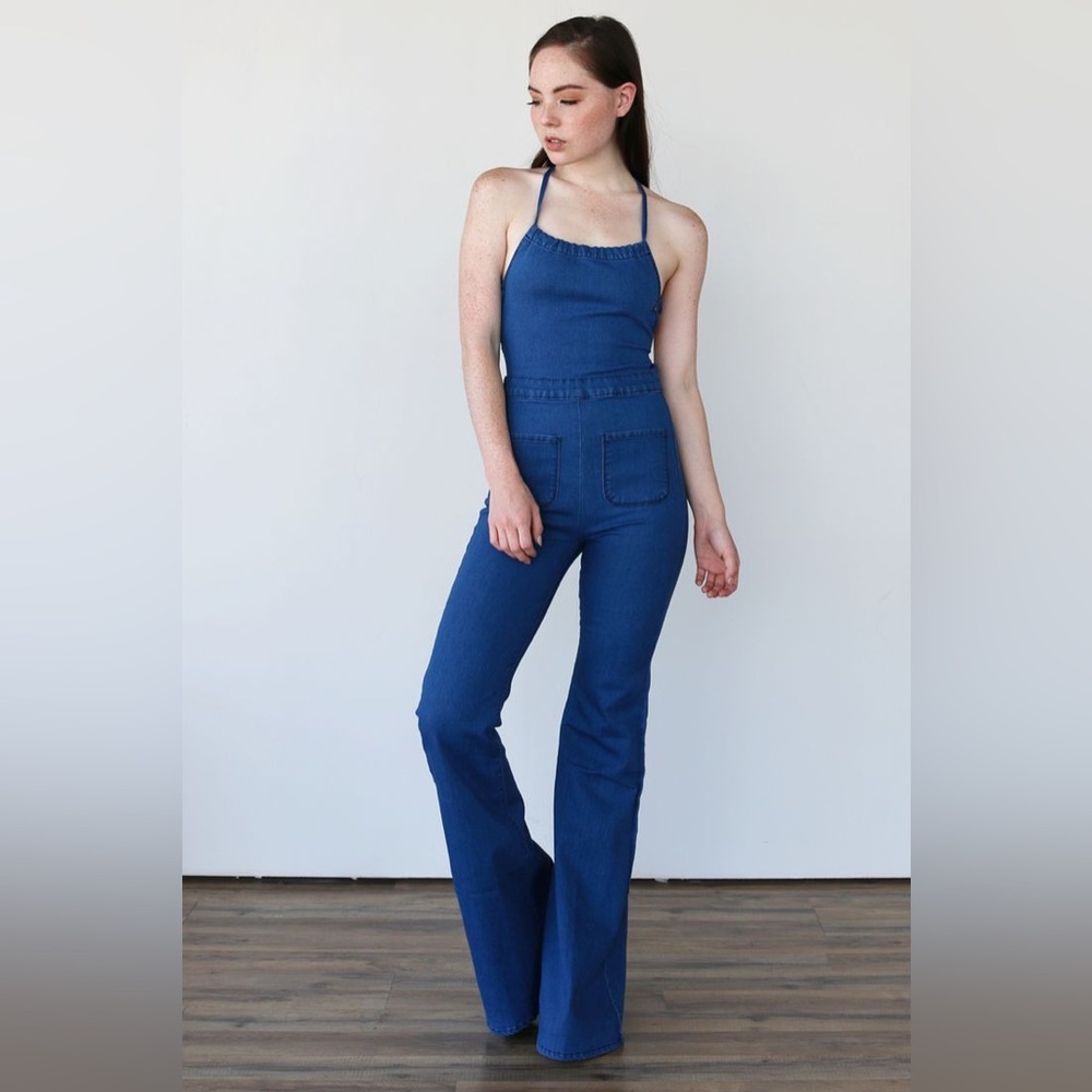 Pylo XS Halter Blue Denim Jumpsuit XS